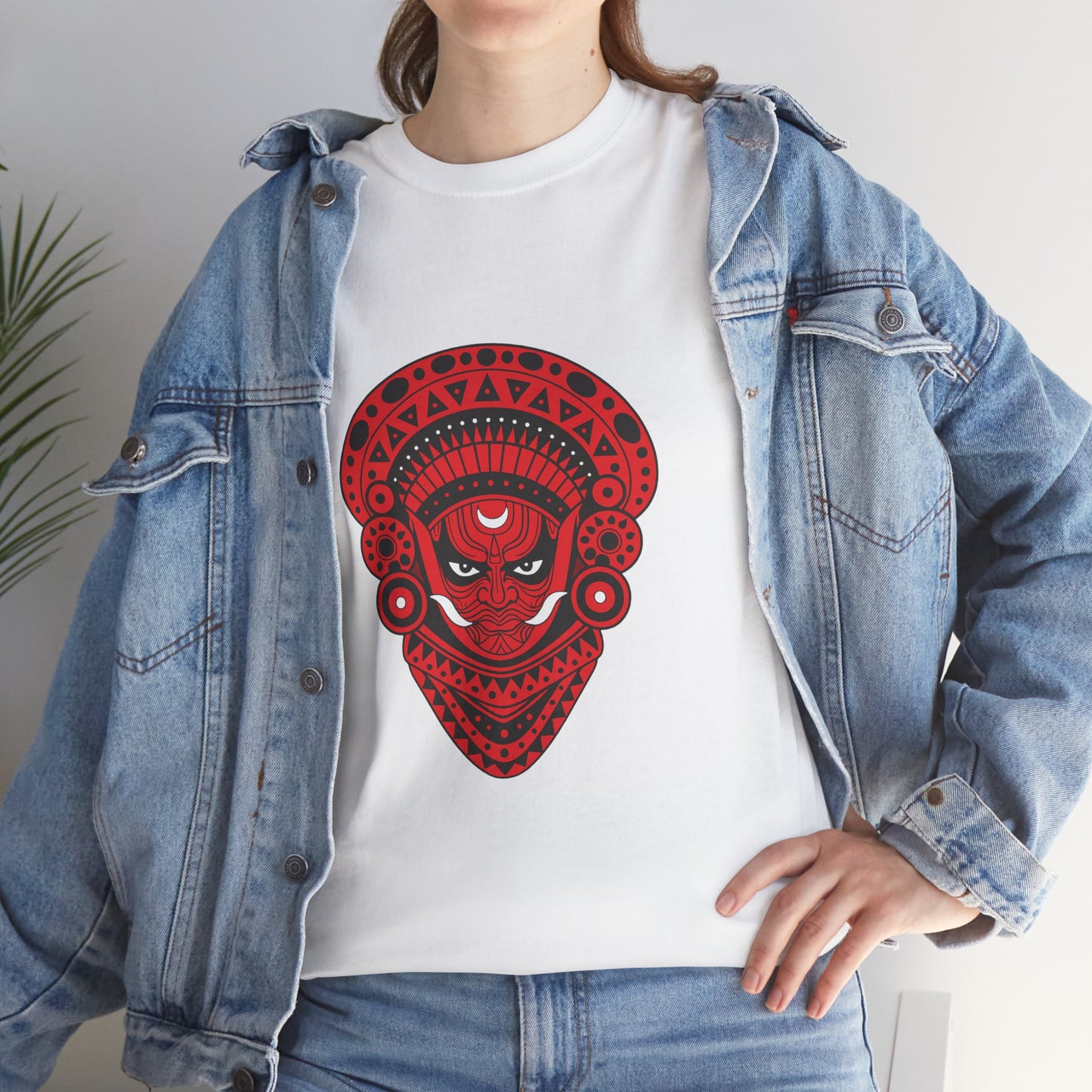 Exclusive Theyyam Face Art Unisex White T-Shirt – Bold Red & Black Cultural Print
