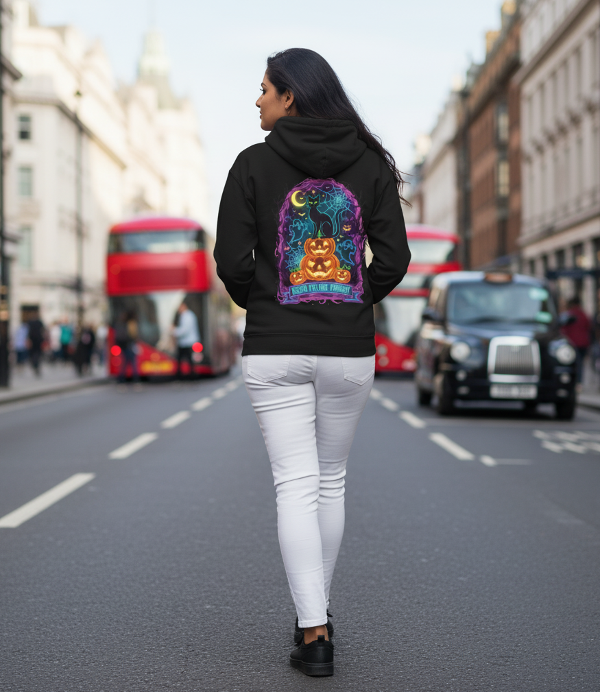 Neon Feline Fright Halloween Hoodie | BMStyle UK | Unisex cozy Hoodies